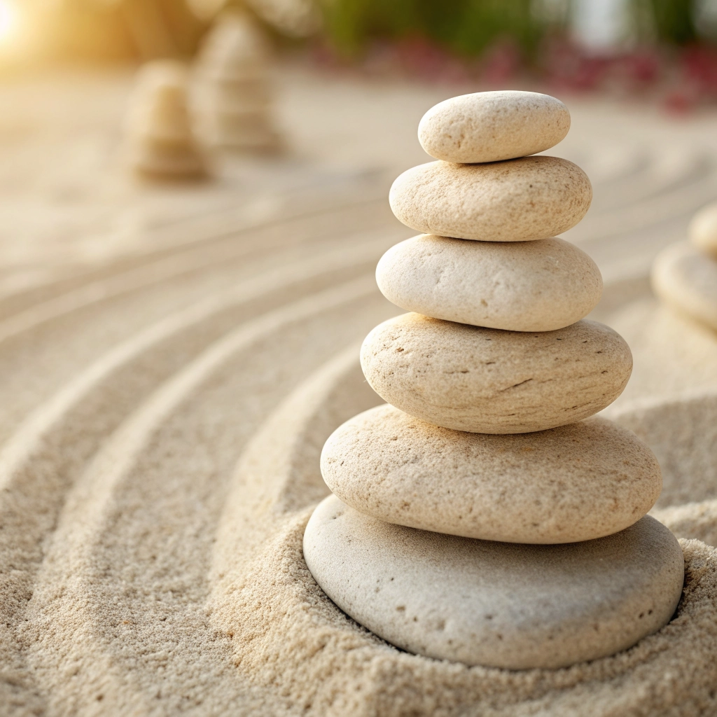 Close-up of smooth stones stacked in a balanced way, representing the eight steps to inner peace.